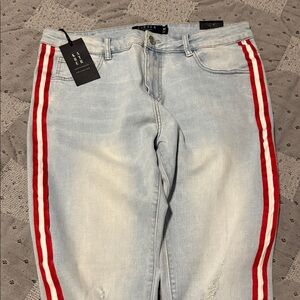 Stylish Light Blue Jeans with Red Stripe